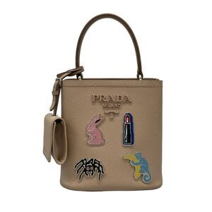 Prada Handbag Pannier Small 1ba217 Beige Enamel Metal Applique Leather